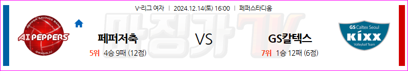 12월 14일 V-리그 (여) 페퍼저축은행 GS칼텍스 국내배구분석 무료중계 스포츠분석