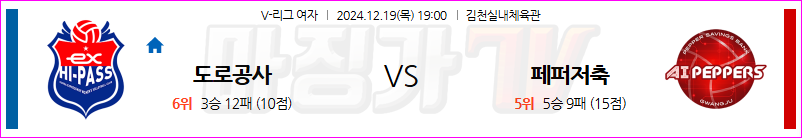 12월 19일 V-리그 여자부 한국 도로공사 페퍼저축은행 국내배구분석 무료중계 스포츠분석