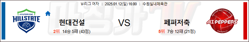 1월 12일 V-리그 여자부 현대건설 페퍼저축은행 국내배구분석 무료중계 스포츠분석