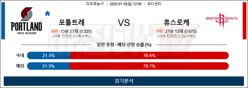 1월 19일 NBA 포틀랜드 휴스턴 미국프로농구분석 무료중계 스포츠분석