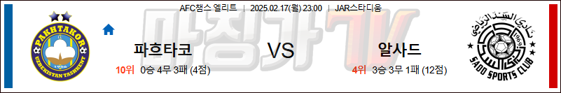 02일 17일 AFC 챔피언스리그 파크타코르 타슈켄트 알사드 SC 아시아축구분석 무료중계 스포츠분석